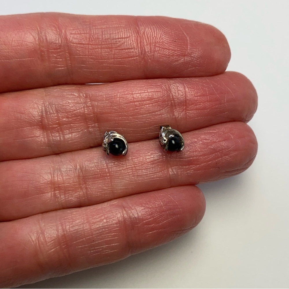 Vintage Sterling Dolphin Earrings Cats Eye Black Glass Dainty 925 Pierced Retro